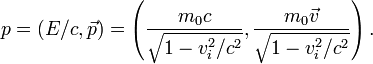 p=(E/c,\vec p)=\left(\frac{m_0 c}{\sqrt{1-v_i^2/c^2}},\frac{m_0 \vec v}{\sqrt{1-v_i^2/c^2}}\right).