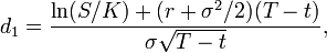  d_1 = \frac{\ln(S/K) + (r + \sigma^2/2)(T - t)}{\sigma\sqrt{T - t}}, 