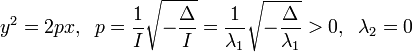 y^2=2px,\;\; p=\frac{1}{I}\sqrt{-\frac{\Delta}{I}} = \frac{1}{\lambda_1}\sqrt{-\frac{\Delta}{\lambda_1}} &amp;gt; 0,\;\; \lambda_2=0