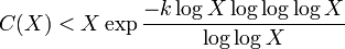C(X) < X \exp{\frac{-k \log{X} \log{\log{\log{X}}}}{\log{\log{X}}}}