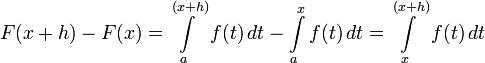 F(x + h) - F (x) = \int\limits_a^{(x+h)} f(t)\,dt - \int\limits_a^x f(t)\,dt = \int\limits_x^{(x+h)} f(t)\,dt