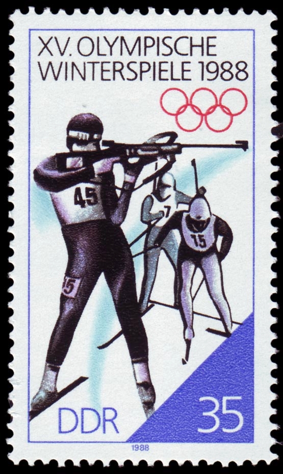 Почтовая марка ГДР, посвящённая Зимним Олимпийским играм 1988 года