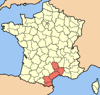 Карта Франции с выделенным регионом Лангедок — Руссильон