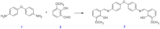 Смесь 4,4'-диаминодифенилового эфира 1 (1.00 г, 5.00 ммоль) и o-ванилина 2 (1.52 г, 10.00 ммоль) в метаноле (40.00 мл) перемешивается при комнатной температуре в течение одного часа. В результате образуется оранжевый оасдок и после фильтрации и промывания с метанолом получается чистое Шиффово основание 3 (2.27 г, 97,00 %)