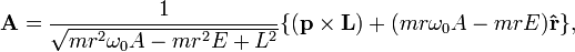 \mathbf{A}=\frac{1}{\sqrt{mr^2\omega_0A-mr^2E+L^2}}\{(\mathbf{p}\times\mathbf{L})+(mr\omega_0A-mrE)\mathbf{\hat{r}}\},