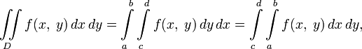 \iint\limits_D f(x,\;y)\,dx\,dy=\int\limits_a^b\int\limits_c^d f(x,\;y)\,dy\,dx=\int\limits_c^d\int\limits_a^b f(x,\;y)\,dx\,dy,
