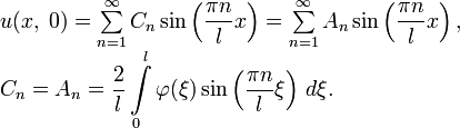 \begin{array}{l}
u(x,\;0)=\sum\limits_{n=1}^\infty C_n\sin\left(\dfrac{\pi n}{l}x\right)=\sum\limits_{n=1}^\infty A_n\sin\left(\dfrac{\pi n}{l}x\right), \\ 
C_n=A_n=\dfrac{2}{l}\displaystyle\int\limits_0^l \varphi(\xi)\sin\left(\dfrac{\pi n}{l}\xi\right)\,d\xi.
\end{array}
