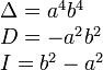 \begin{array}{l} \Delta = a^4b^4 \\ D = -a^2b^2 \\ I = b^2 - a^2 \end{array}