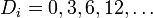 D_i= 0, 3, 6, 12, dots 