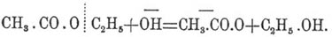При омылении кислотами действие водородных ионов направлено между кислотным радикалом и кислородом, причем положительный заряд переносится на кислотный остаток, например: