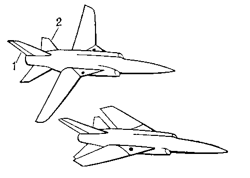 Рис. 3. Самолет с изменяемой стреловидностью крыла: 1 — руль поворота; 2 — стабилизатор.