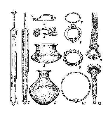 Типичные предметы латенской культуры: 1, 2 — железные мечи; 3, 4 — фибулы; 5, 6 — глиняные сосуды; 7, 8, 9 — бронзовые браслеты; 10 — бронзовая шейная гривна; 11, 12 — золотые шейные гривны с пластически обработанными концами.