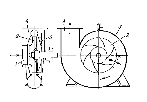 Рис. 5. Схема центробежного насоса с односторонним подводом жидкости на рабочее колесо: 1 — отверстие для подвода жидкости; 2 — рабочее колесо; 3 — корпус; 4 — патрубок для отвода жидкости; Р — центробежная сила.