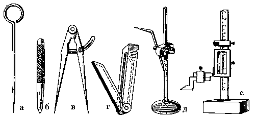 Разметочный инструмент: а — чертилка; б — кернер обыкновенный; в — циркуль; г — малка; д — рейсмас; е — штангенрейсмас.