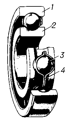 Рис. 1. Конструкция шарикоподшипника: 1 - наружное кольцо; 2 - внутреннее кольцо; 3 - шарик; 4 - сепаратор (штампованный).