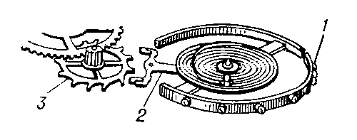 Спусковой механизм часов: 1 — балансир; 2 — анкерная вилка; 3 — спусковое колесо.