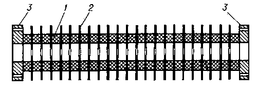 Рис. 7. Ускорительная трубка: 1 — кольцевые изоляторы; 2 — металлические электроды; 3 — соединительные фланцы.