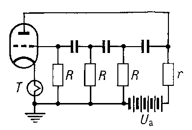 Рис. 14. RC-генератор синусоидальных колебаний; Т — термистор; r — сопротивление нагрузки.
