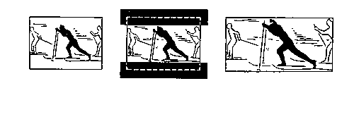 Рис. 2. Способ получения кашетированного кадра: слева обычный (классический)кадр с соотношением сторон 1 : 1,37; в середине тот же кадр, кашетированный сверху и снизу, с соотношением сторон от 1 : 1,66 до 1 : 1,85; справа кадр, спроецированный на широкий экран с помощью короткофокусной оптики.
