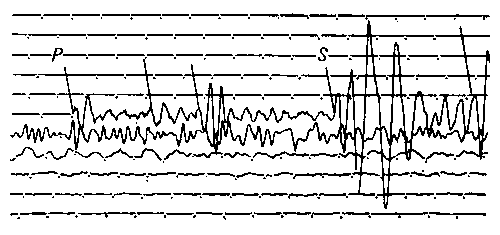 Сейсмограмма: P — продольные волны; S — поперечные волны.