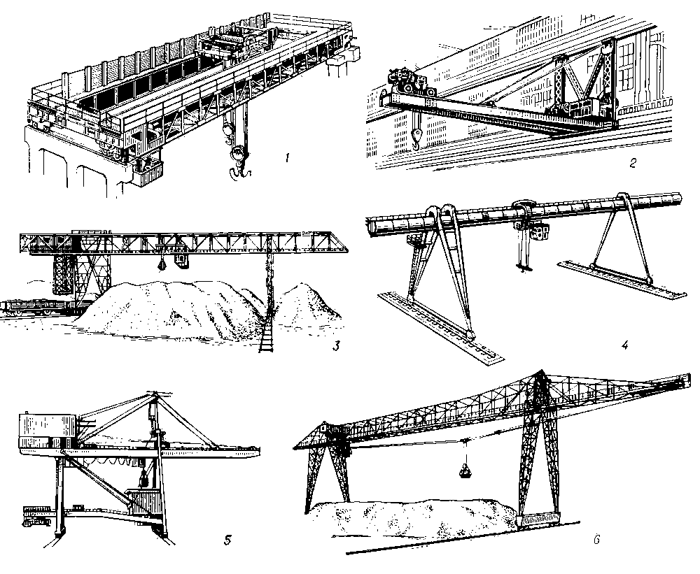 Рис. 2. Неповоротные краны: 1 — мостовой; 2 — настенно-консольный; 3 — мостовой перегружатель; 4 — козловой; 5 — береговой консольный перегружатель; 6 — мосто-кабельный кран.