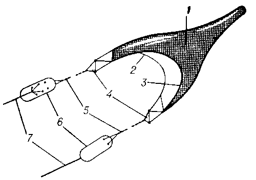 Общий вид рыболовного трала:1 — сетный мешок трала; 2 и 3 — верхняя и нижняя подборы; 4 — клячовки; 5 — кабели; 6 — распорные доски; 7 — ваеры.