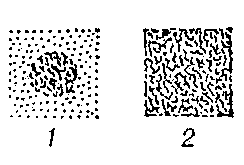 Вид экрана ИДВ: 1 — контрастное изображение марки на фоне экрана; 2 — исчезновение контраста при наложении искусственной дымки.