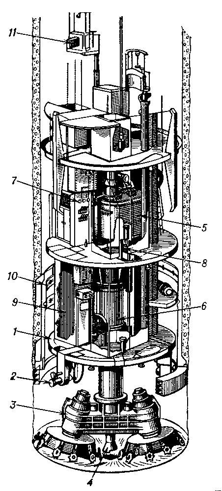 Стволопроходческий агрегат типа ПД-2: 1 — каркас; 2 — механизм гидрораспора; 3 — двухдисковый планетарный исполнительный орган; 4 — пневматический эжектор для уборки горной массы; 5 — редуктор главного привода; 6 — телескопические валы; 7 — пульт управления; 8 — механизм перегрузки; 9 — подъемный сосуд; 10 — опалубка; 11 — телескопический механизм наращивания труб.