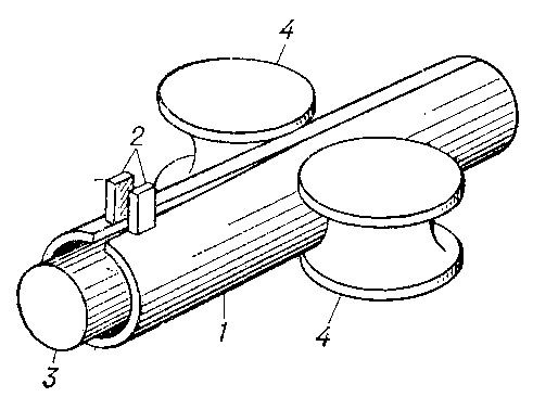 Рис. 2. Схема сварки труб контактным способом: 1 — труба; 2 — скользящие контакты; 3 — сердечник; 4 — обжимные ролики.