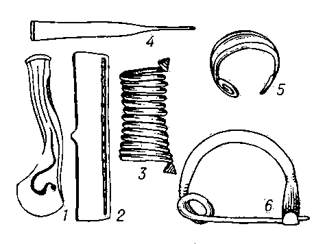 Бронзовые предметы кобанской культуры: 1 - узкопроушный топор; 2 - поясная пряжка: 3 - спиральный налокотник; 4 - булавка; 5 - браслет; 6 - фибула.