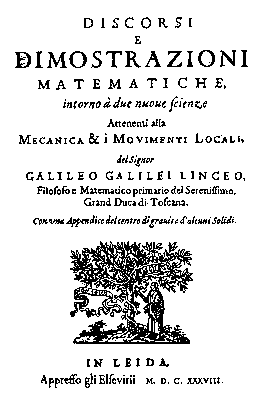 Титульный лист к первому изданию «Бесед и математических доказательств, касающихся двух новых отраслей науки...» (Лейден, 1638).