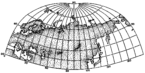 Рис. 7. Косая перспективно-цилиндрическая проекция М. Д. Соловьёва.