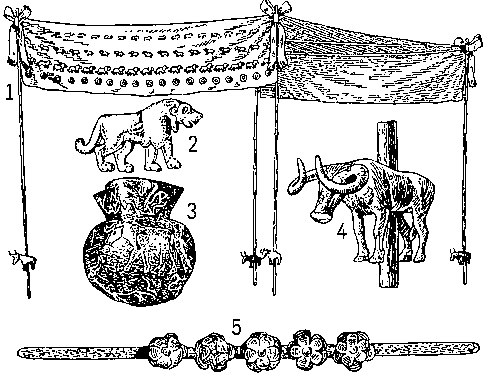 Предметы из Майкопского кургана (кон. 3-го тыс. до н. э.): 1 — погребальный балдахин (реконструкция); 2 — штампованная золотая бляшка в виде льва; 3 — серебряный сосуд с изображением пейзажа и зверей; 4 — литое изображение быка; 5 — золотая диадема.