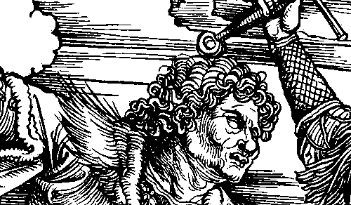 Обрезная гравюра на дереве (А. Дюрер. «Четыре всадника». Лист из серии «Апокалипсис». 1498. Фрагмент).