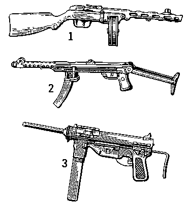 Пистолеты-пулемёты: 1 — образца 1941 конструкции Г. С. Шпагина (ППШ-41); 2 — образца 1943 конструкции А. И. Судаева; 3 —американский пистолет-пулемёт МЗА1.