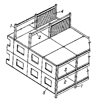 Конструктивная схема каркасно-панельного здания: 1 — колонна; 2 — ригель; 3 — панель перекрытия; 4 — диафрагма жёсткости; 5 — панель наружной стены.