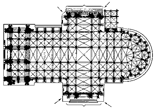 План базилики с трансептом (указан стрелками).