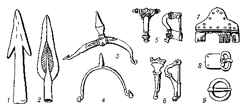 Пшеворская культура: 1, 2 — наконечники копий; 3, 4 — шпоры; 5, 6 — фибулы; 7 — гребень; 8, 9 — пряжки.