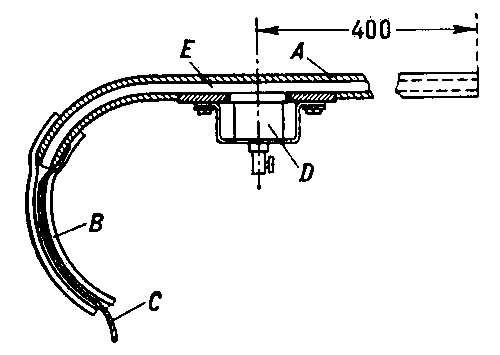 Схема акустического зонда: А — металлическая трубка; В — резиновая трубка; С — звукопоглотитель; D — капсюль конденсаторного микрофона; Е — воздушный волновод.