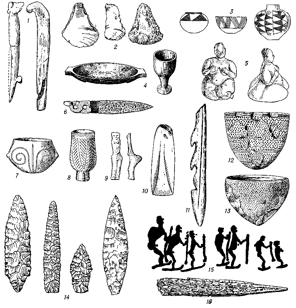 Неолит: 1 — кремнёвые серпы в оправе из рога и кости; 2 — мотыги каменные; 3 — расписная глиняная посуда; 4 — деревянные сосуды; 5 — женская статуэтка из глины; 6 — нож ритуальный (?) из кремня; 7 — сосуд глиняный с линейным орнаментом; 8 — сосуд глиняный с резным орнаментом; 9 — глиняная женская статуэтка; 10 — сланцевое тесло; 11 — гарпун из рога; 12, 13 — глиняная посуда с ямочным орнаментом; 14 — каменные наконечники стрел; 15 — лыжники (изображения на скалах Белого моря); 16 — кинжал с кремнёвыми вкладышами.