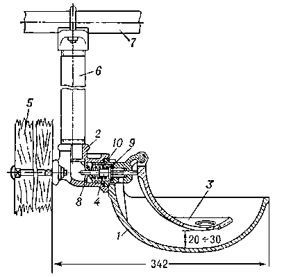 Рис. 1. Индивидуальная клапанная поилка: 1 — поильная чаша; 2 — корпус; 3 — педаль; 4 — клапан; 5 — разделительная стойка; 6 — стояк; 7 — водопровод; 8 — решетка; 9 — седло клапана; 10 — пружина клапана.