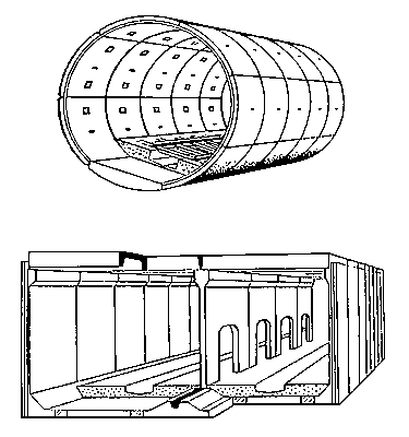 Унифицированная сборная железобетонная обделка тоннелей метрополитена: вверху — из блоков кругового очертания; внизу — из прямоугольных элементов.