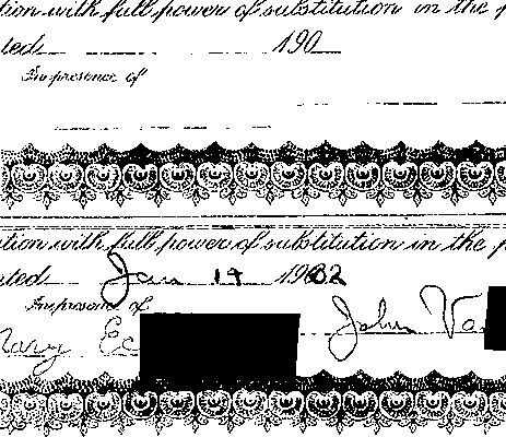 Фотографии части сертификата с обесцвеченной химически подписью и датой: вверху — в видимом свете, внизу — в инфракрасном излучении; на последней видны уничтоженные первоначально подпись и дата.