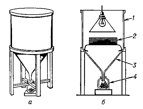 Термогигрофотоэклектор ( аппарат Тулгрена): а — общий вид; б — разрез ( схема): 1 — цилиндр; 2 — сетка для почвы; 3 — воронка; 4 — сосуд с фиксирующей жидкостью.