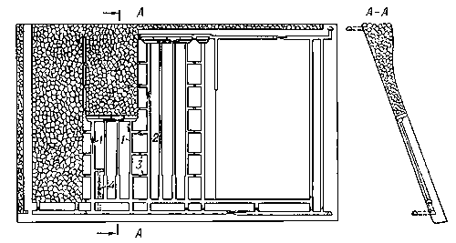 Рис. 14. Система разработки длинными столбами по падению (щитовая): 1 — углеспускные печи; 2 — ходовая печь; 3 — сбойки; 4 — обходная вентиляционная печь.