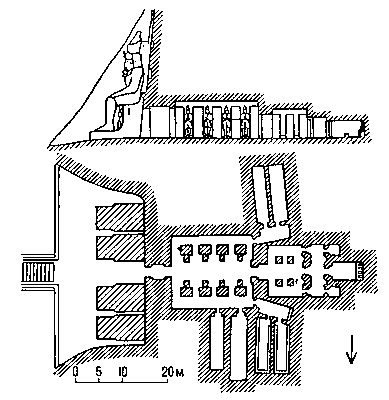 Скальный храм фараона Рамсеса II в Абу-Симбеле. 1-я половина 13 в. до н. э. Вверху — продольный разрез; внизу — план.