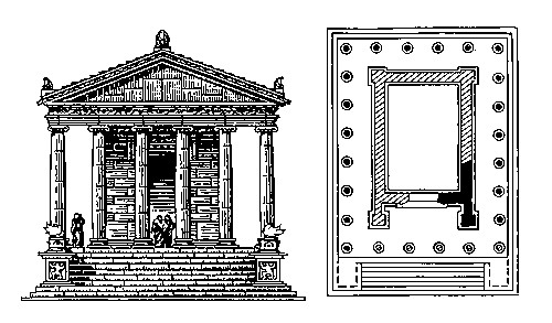 Храм в Гарни. 1 в. н. э. Реконструкция Н. Г. Буниатяна: слева — северный фасад; справа — план.