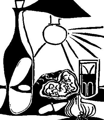 Гравюра на линолеуме (П. Пикассо. «Натюрморт с бутылкой и лампой». 1962).