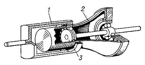 Рис. 5. Герметичная зубчатая волновая передача: 1 — жёсткое колесо; 2 — гибкое колесо; 3 — генератор волн.