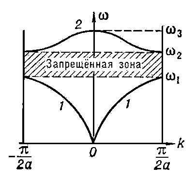 Рис. 4. Закон дисперсии двухатомной линейной цепочки: 1 — акустическая ветвь; 2 — оптическая ветвь.